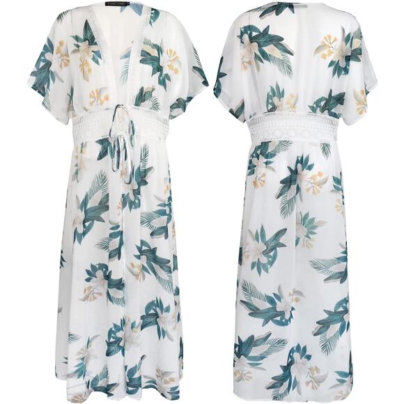 🎀Chiffon Floral Pattern Lace Trim Detail Cover Up Longline Beachwear | Size XL - Picture 7 of 7